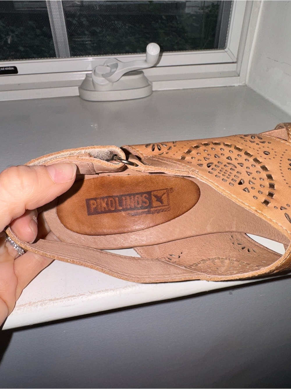 PIKOLINOS Tan Laser-Cut Leather Wedge Sandals